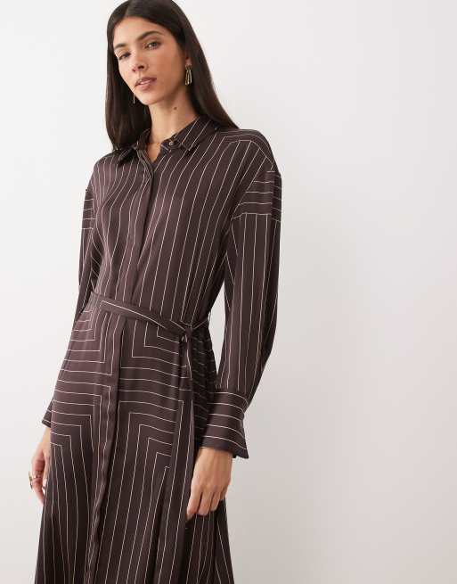 Mango shirt detail maxi dress in brown stripe , 2 of 4