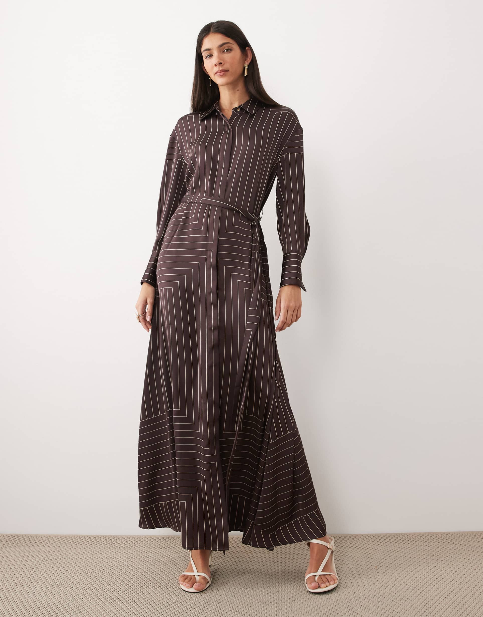mango shirt detailing maxi dress in brown stripes