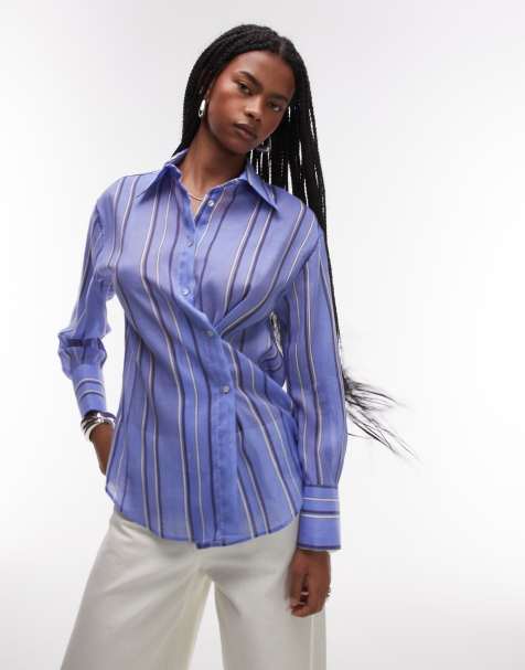 Mango shirt with asymetric button detail in blue stripe - view 1