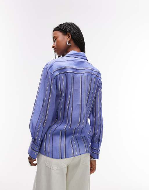 Mango shirt with asymetric button detail in blue stripe , 2 of 4