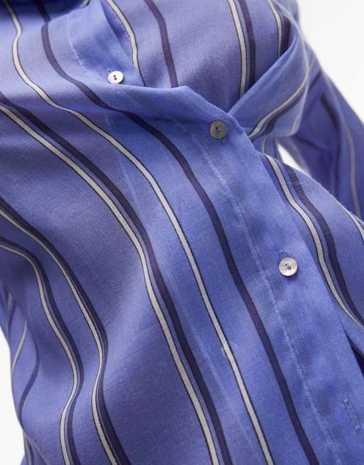 Mango shirt with asymetric button detail in blue stripe , 3 of 4