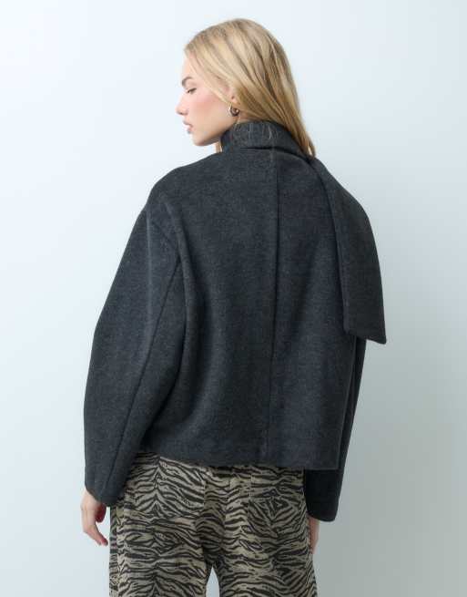 Mango short jacket with detachable scarf in charcoal, 3 of 4