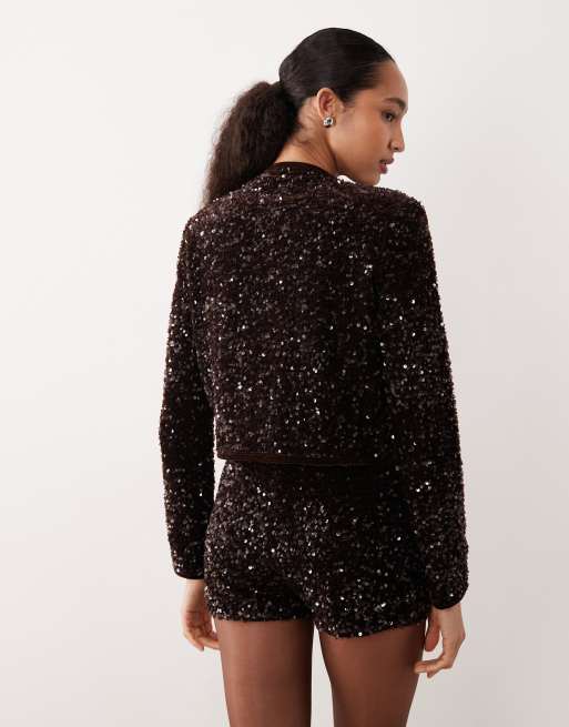 Mango - Short met micro-lovertjes in chocoladebruin, deel van co-ord set, 4 van 5