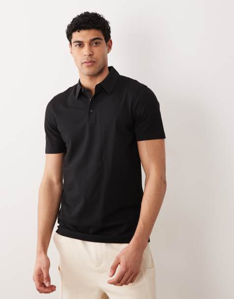 Mango short sleeve button through jersey polo top in black