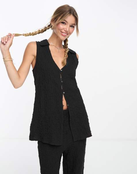 Mango short sleeve button up vest in black - part of a set - view 1