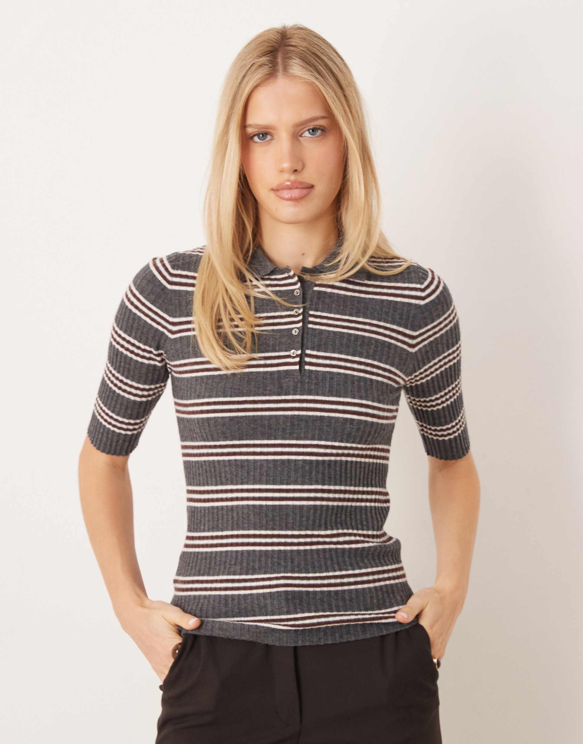 mango short sleeve knit polo top in gray stripe