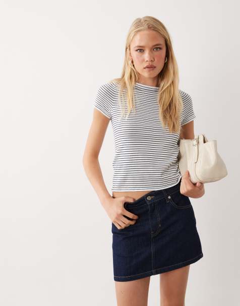 Mango short sleeve knit top in blue striped print - view 1