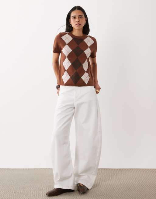 Mango short sleeve knit top in brown and cream argyle print, 2 of 4