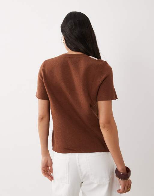 Mango short sleeve knit top in brown and cream argyle print, 4 of 4