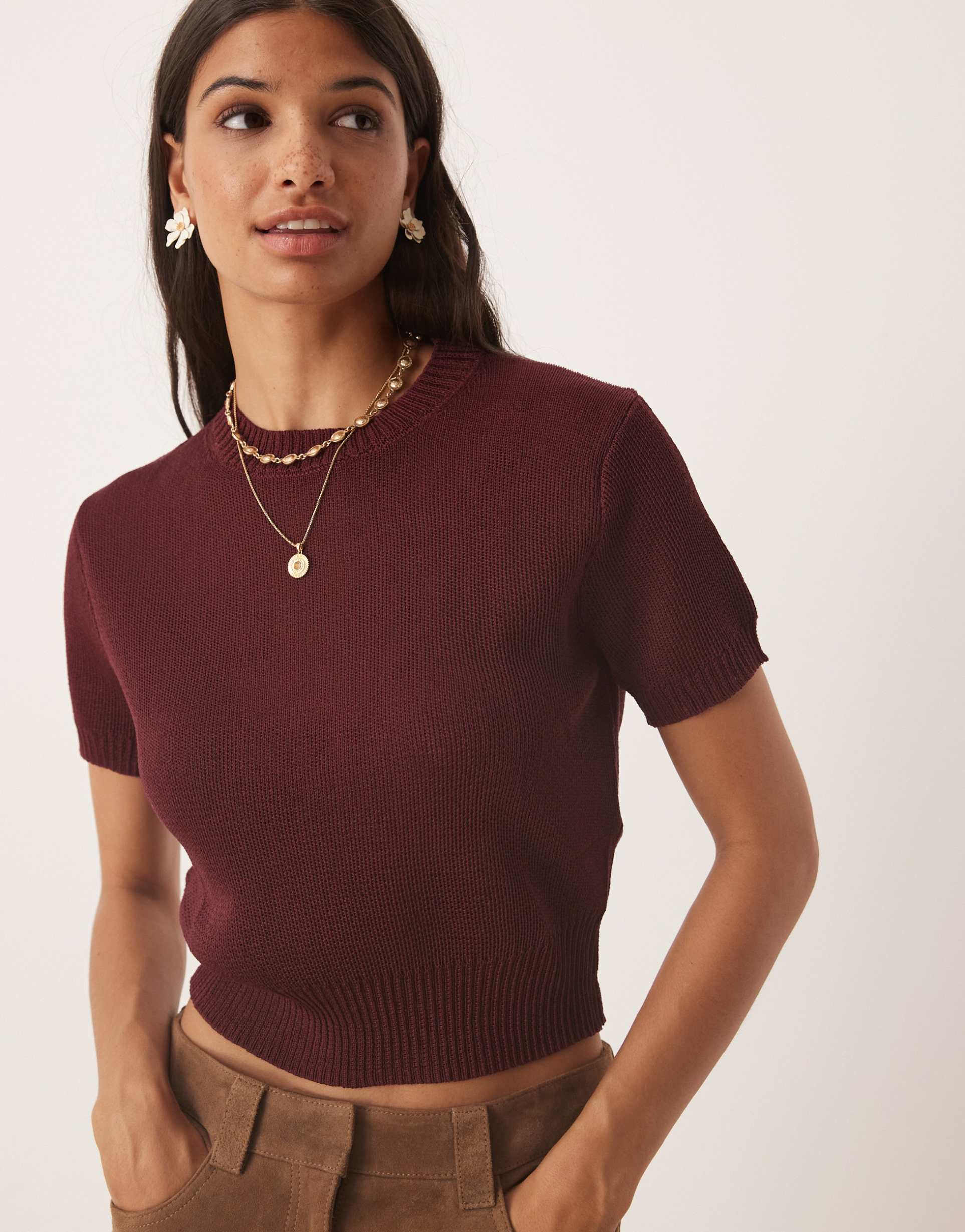 mango short sleeve knit top in dark red