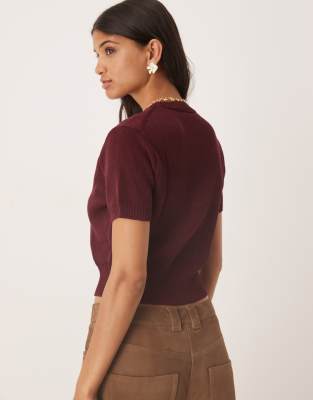 Mango short sleeve knit top in dark red | ASOS