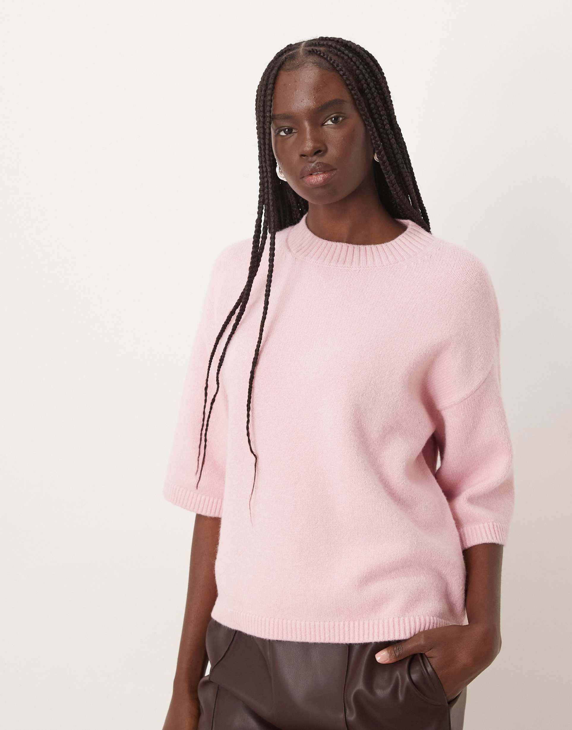 mango short sleeve knit top in pastel pink