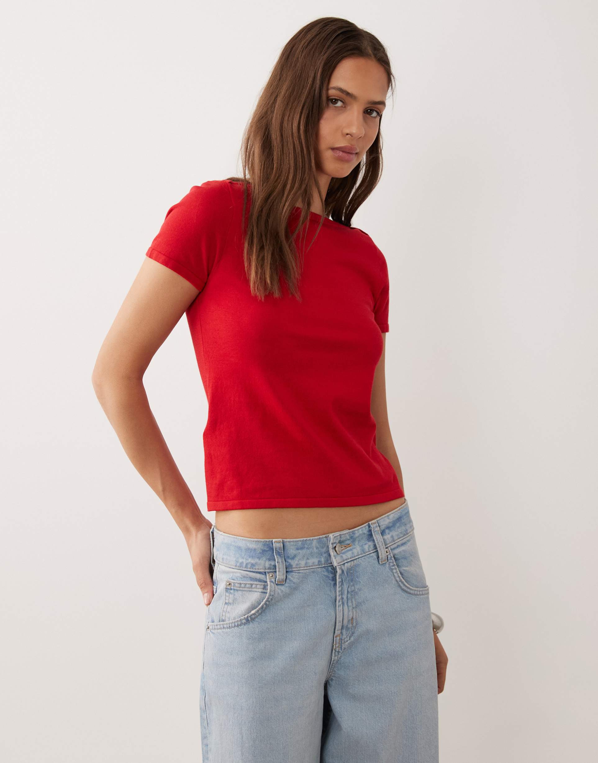 mango short sleeve knit top in red