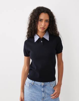 Mango Short Sleeve Knit Top With Shirt Collar Detailing In Navy
