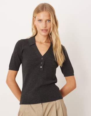 Mango Mango short sleeve knitted polo top in charcoal-Grey