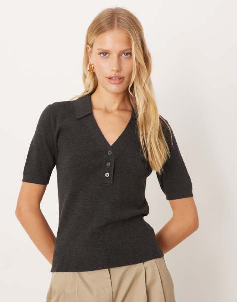 Mango short sleeve knitted polo top in charcoal - view 1