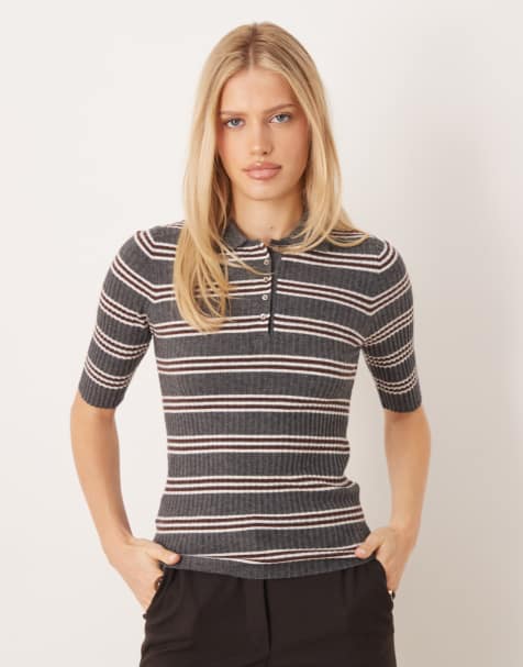 Mango short sleeve knitted polo top in grey stripe - view 1