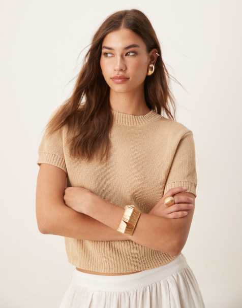 Mango short sleeve knitted top in beige - view 1