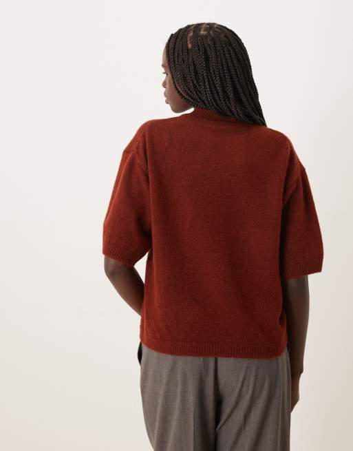 Mango short sleeve knitted top in burgundy, 4 of 4