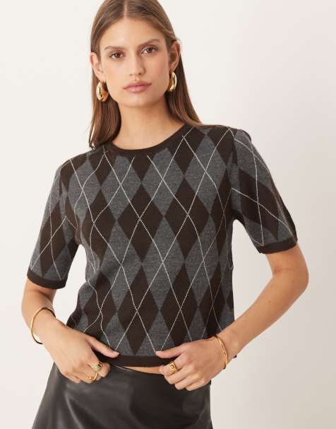 Mango short sleeve knitted top in charcoal and burgundy argyle print - view 1