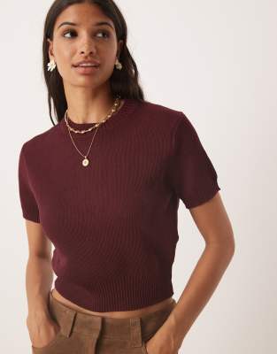 Mango short sleeve knitted top in dark red - view 1