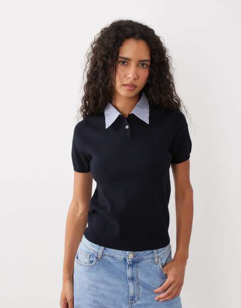 Mango short sleeve knitted top with shirt collar detail in navy - view 1