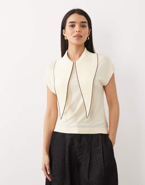 Mango short sleeve knitted top with tie detail in pastel yellow with burgundy tipping