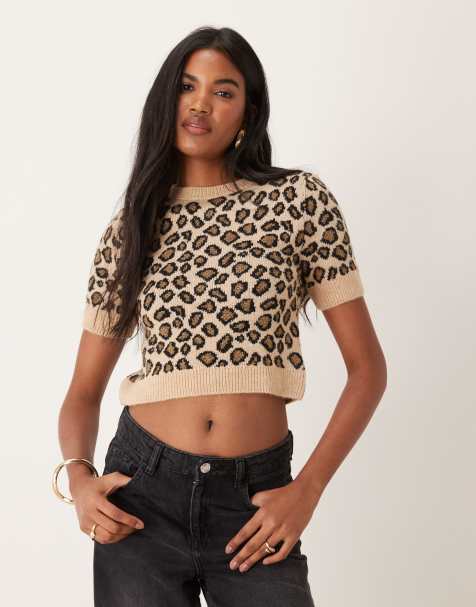 Mango short sleeve leopard print jumper in brown - view 1