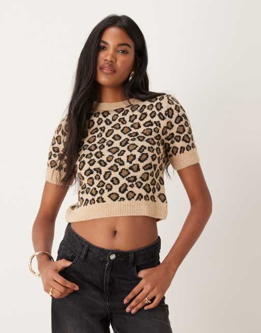 Mango short sleeve leopard print jumper in brown