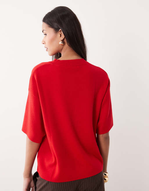 Mango short sleeve lightweight knit top in bright red, 4 of 4