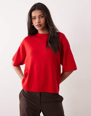 Mango Short Sleeve Lightweight Knitted Top In Red