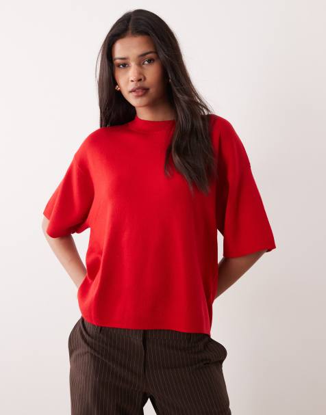Mango short sleeve lightweight knitted top in bright red