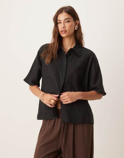 Mango short sleeve linen mix shirt in black - view 1