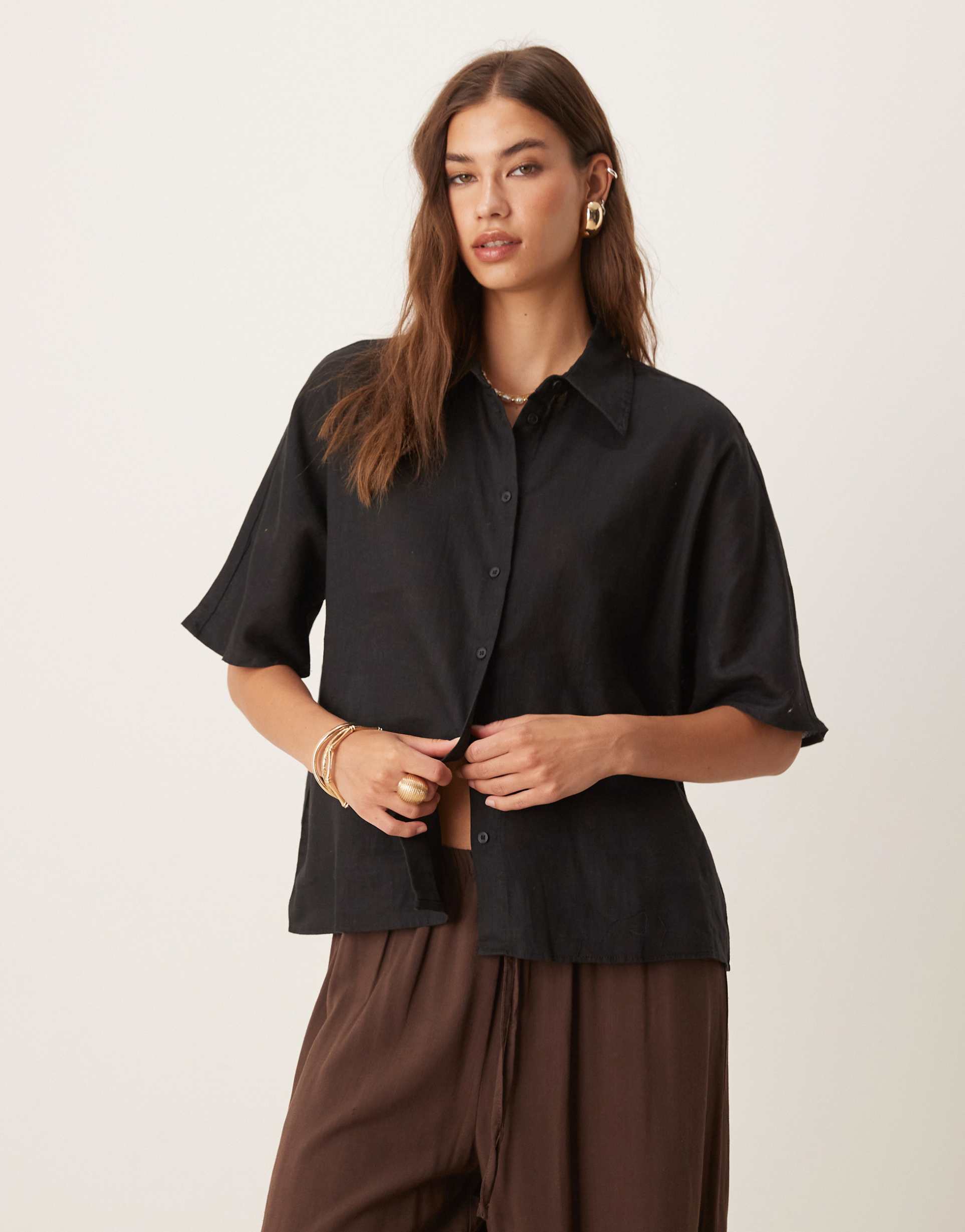 mango short sleeve linen mix shirt in black
