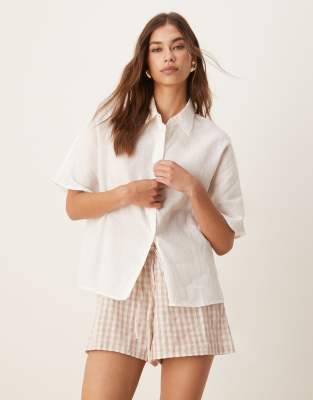 Mango Short Sleeve Linen Mix Shirt In White