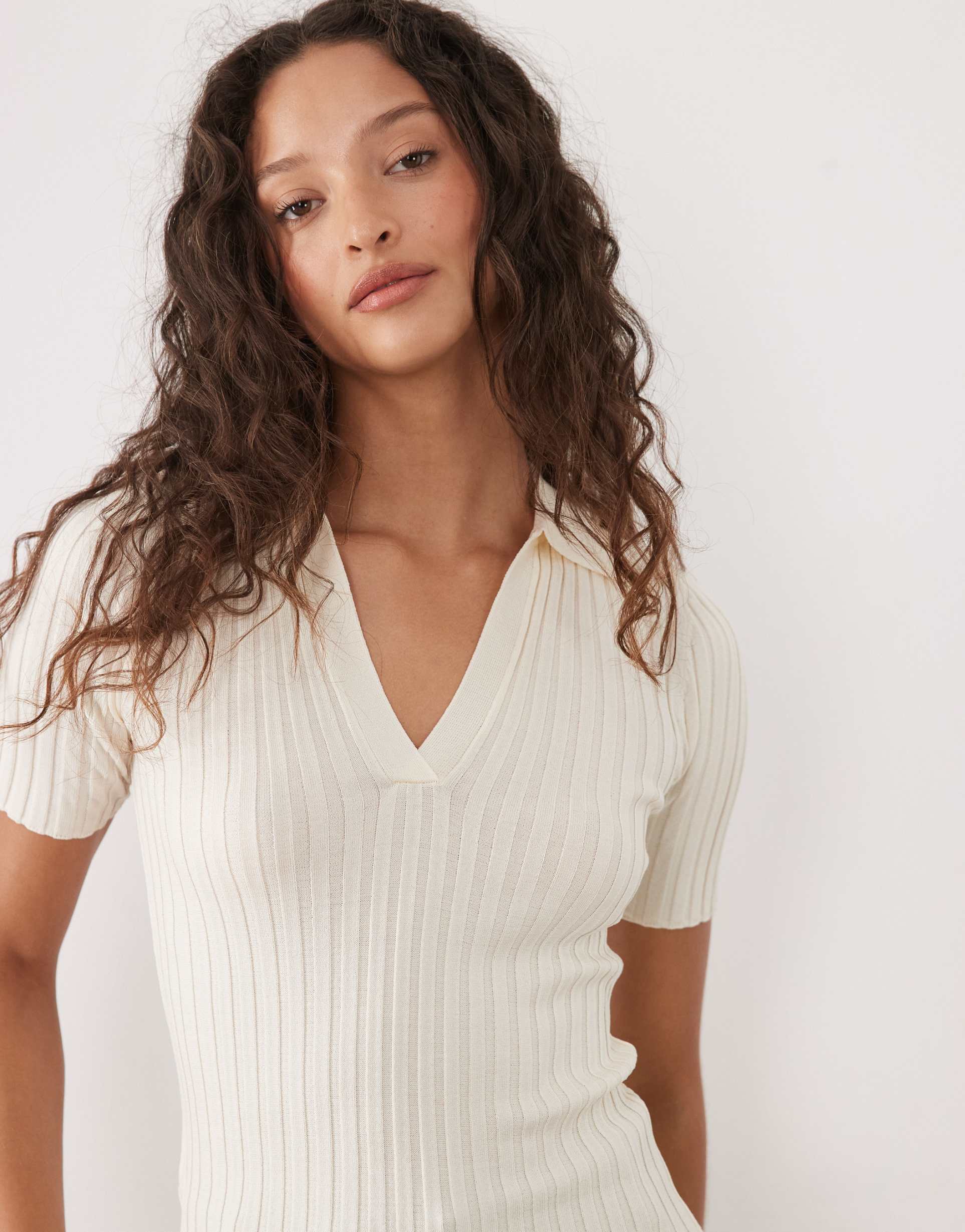 mango short sleeve polo top in beige