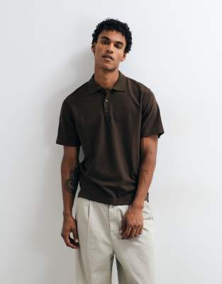 Mango Short Sleeve Polo Top In Brown