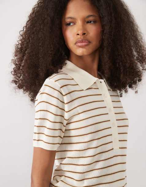 Mango short sleeve polo top in cream and brown stripe - view 1