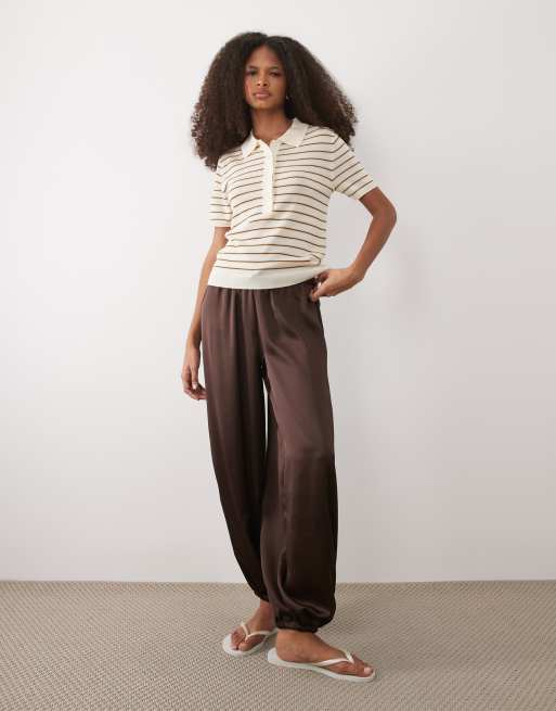 Mango short sleeve polo top in cream and brown stripe, 2 of 4