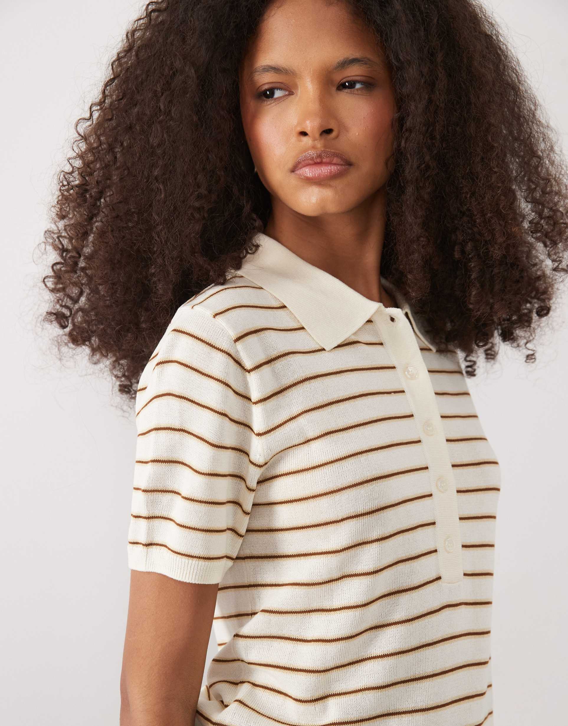 mango short sleeve polo top in cream and brown stripes