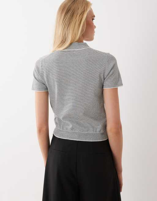 Mango short sleeve polo top in navy stripe, 3 of 4