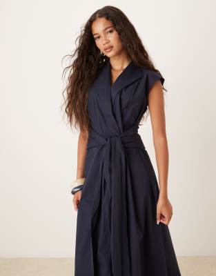Mango Short Sleeve Tie Up Dress In Blue