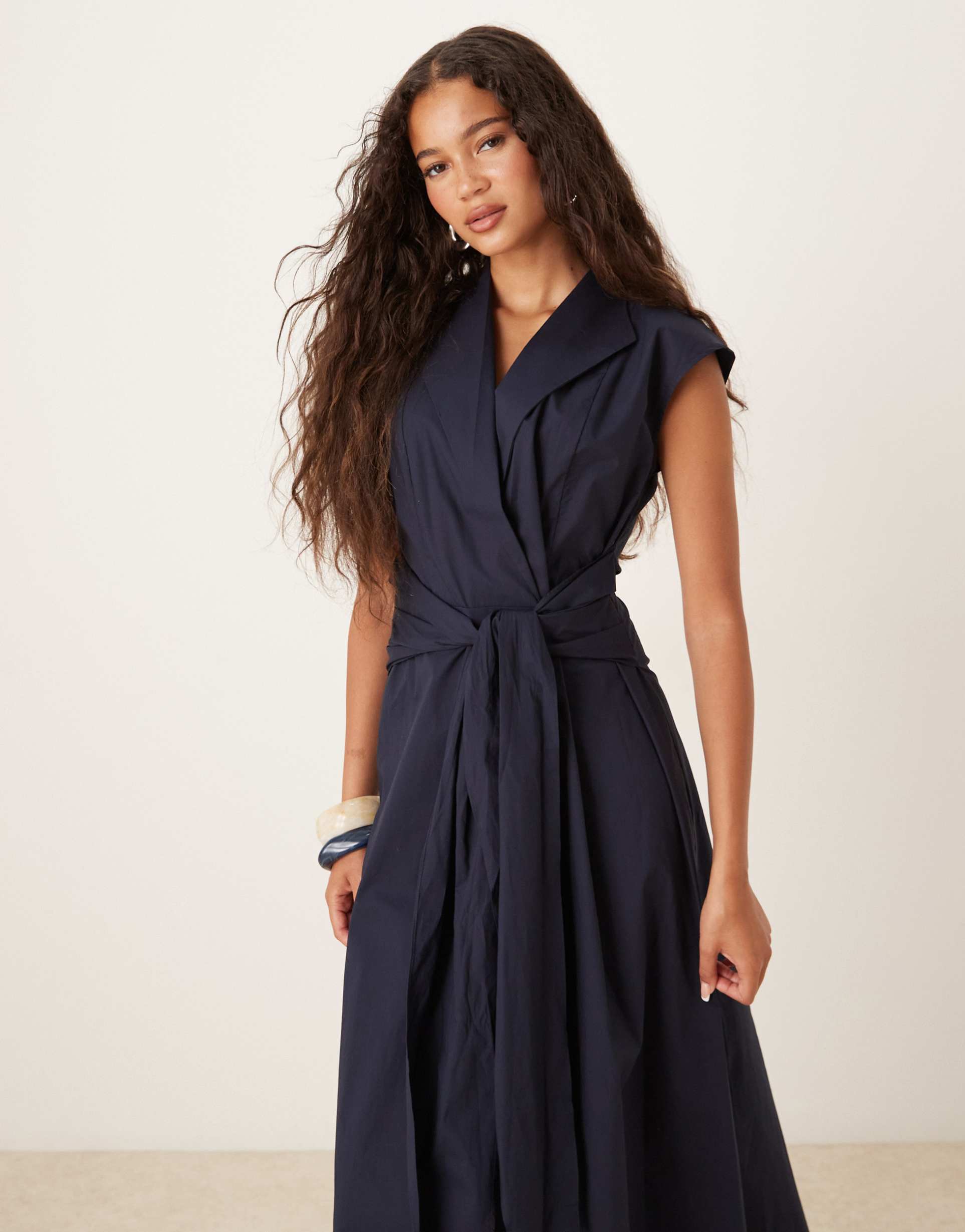 mango short sleeve tie up dress in navy
