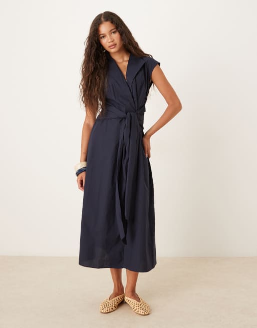 Mango short sleeve tie up dress in navy
