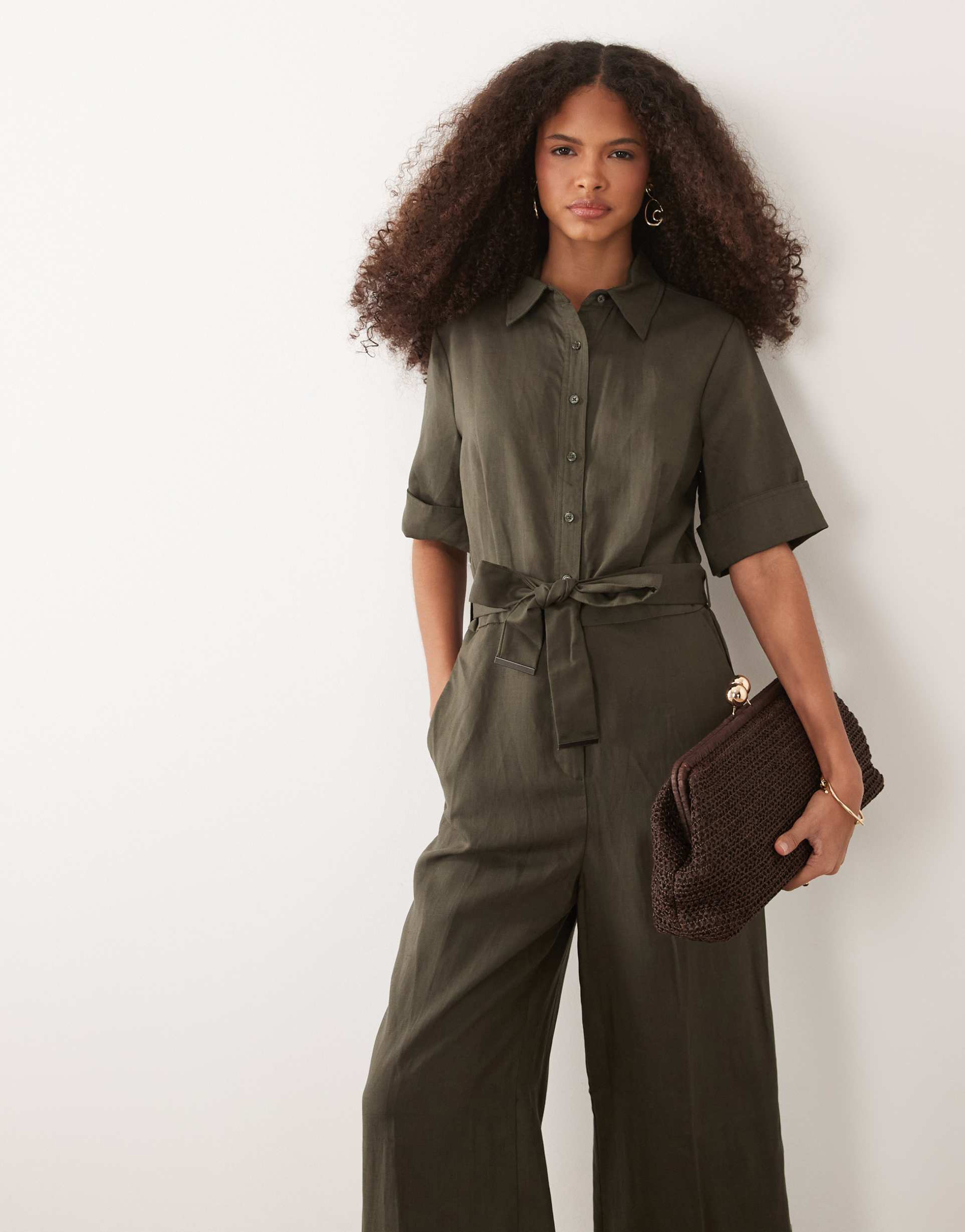mango short sleeve tie waist jumpsuit in khaki