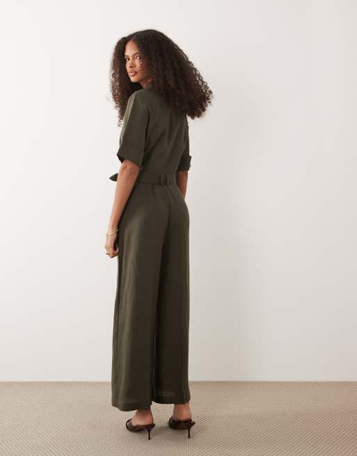 Mango short sleeve tie waist jumpsuit in khaki, 3 of 4