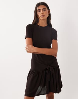Mango Short Sleeve Tie Waist Mini Dress In Brown