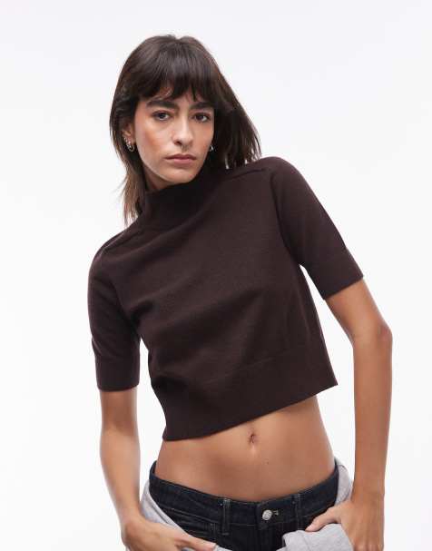 Mango short sleeve wool mix knit top in dark brown - view 1