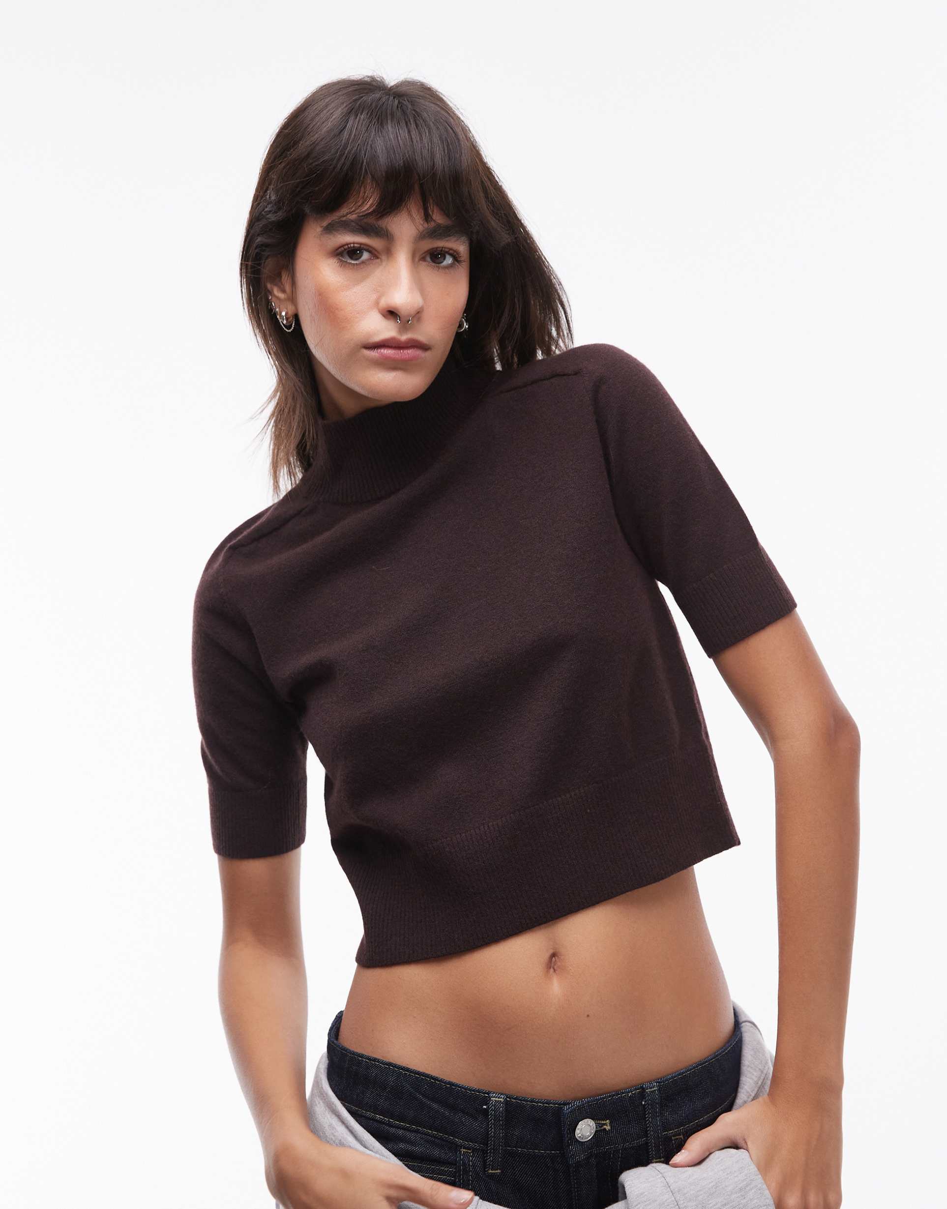 mango short sleeve wool mix knit top in dark brown