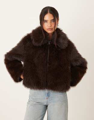 Mango Short Zip Up Faux Fur Jacket In Brown